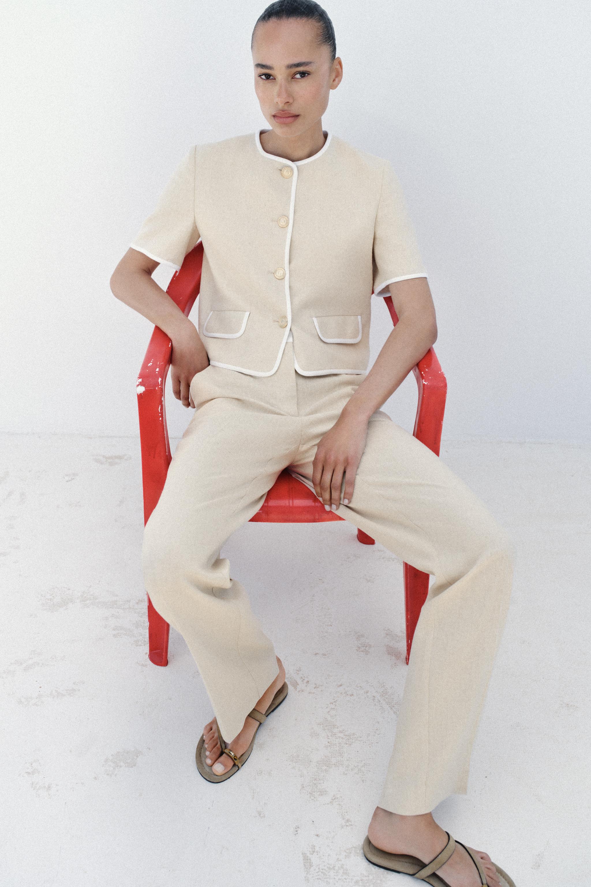 STRAIGHT LEG LINEN PANTS WITH CONTRAST WAIST